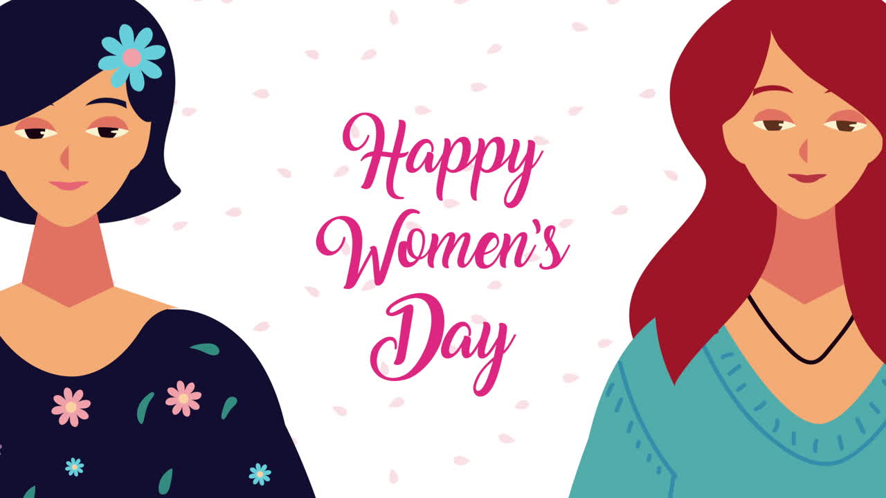 happy womens day lettering animation with girls couple