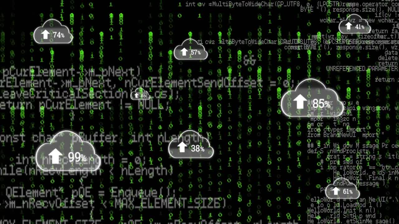 온라인 디지털 클라우드의 애니메이션, 비율 상승, 바이너리 코딩 및 데이터 처리