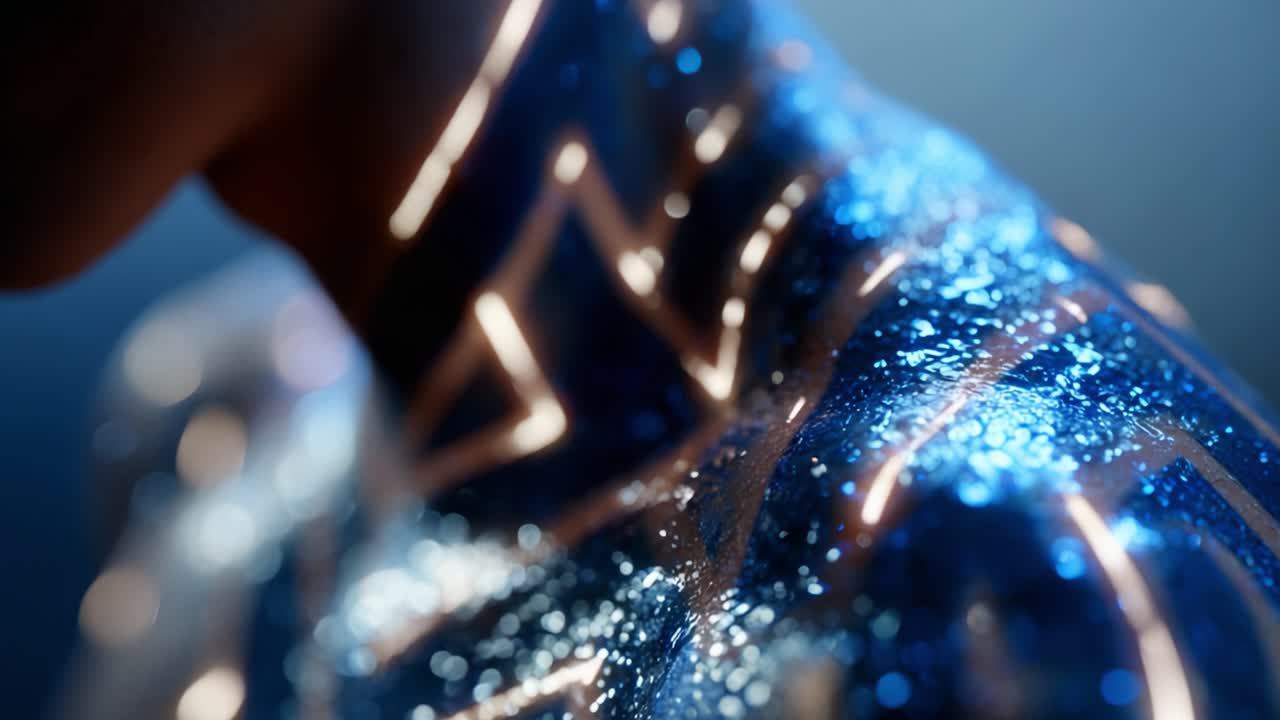 A Close-Up View of Shimmering Body Art, Featuring Brilliant Blue Glitter and Intricate Lighting Patterns on the Skin, Capturing the Essence of Modern Aesthetic and Visual Beauty in Motion