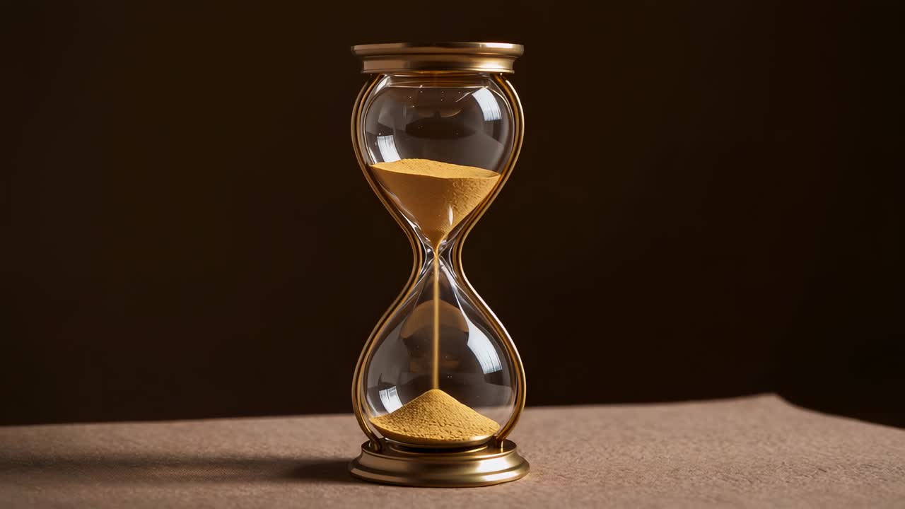 Standing brass hourglass with golden sand flowing into lower bulb on wood tabletop, pile growing