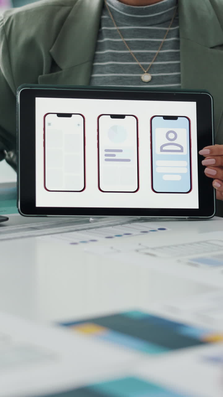 Business Person Presenting Mobile App User Interface Designs on Tablet