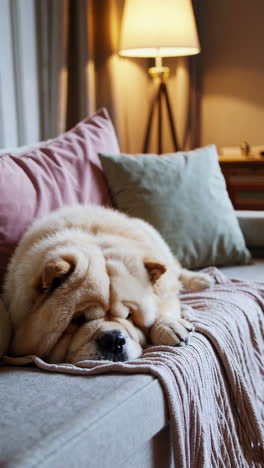 sleepy chow chow on a sofa