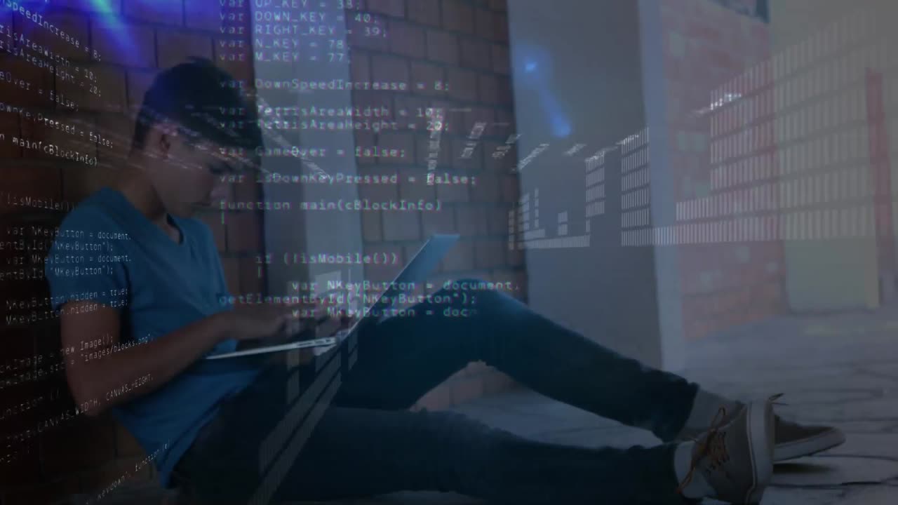 Data processing and spot of light against male student using laptop in school corridor