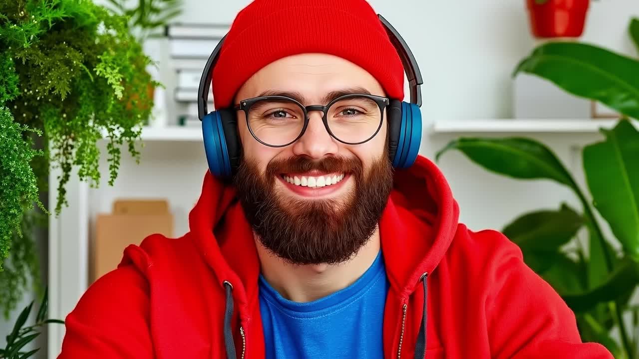 A man wearing a red hat and headphones smiles at the camera