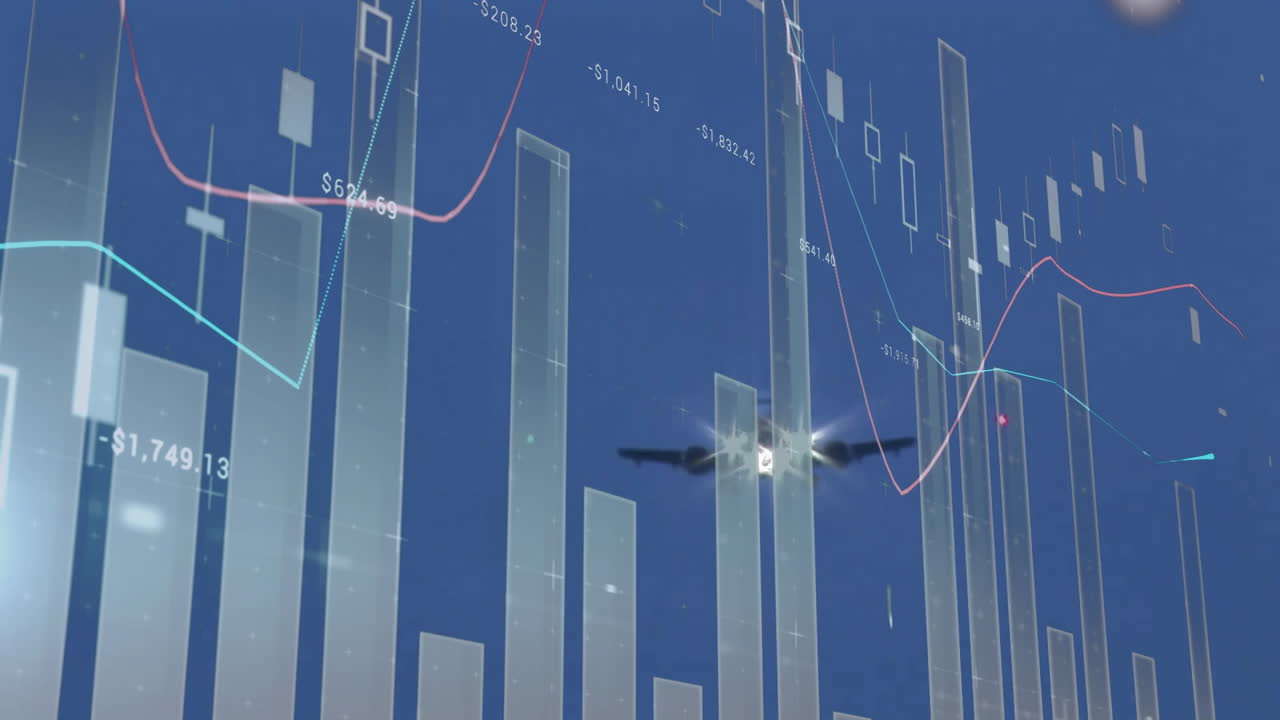 Flying airplane silhouette over animated financial graphs and data ...