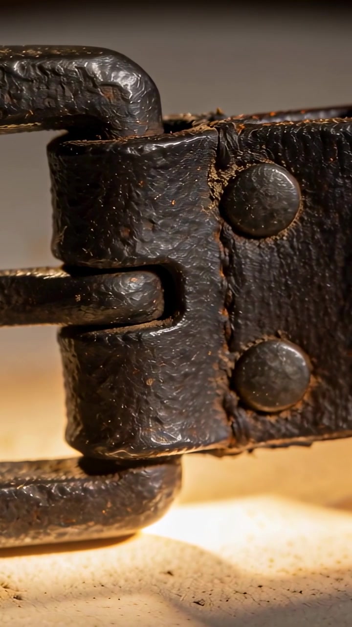 Video verticale: La telecamera si sposta rivelando una cerniera di ferro usurata su una cinghia di cuoio con due rivetti sul legno