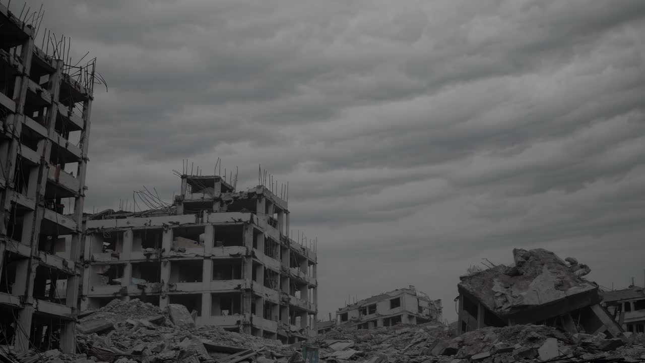 A video still of a post-apocalyptic scene with a low-angle view of crumbling buildings