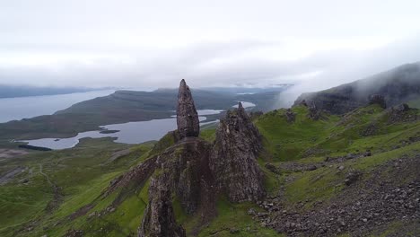 the old man of storr is a group of pinnacles located on the isle of skye in scotland. a lot of backpackers and photographers visit this scenic place during all year