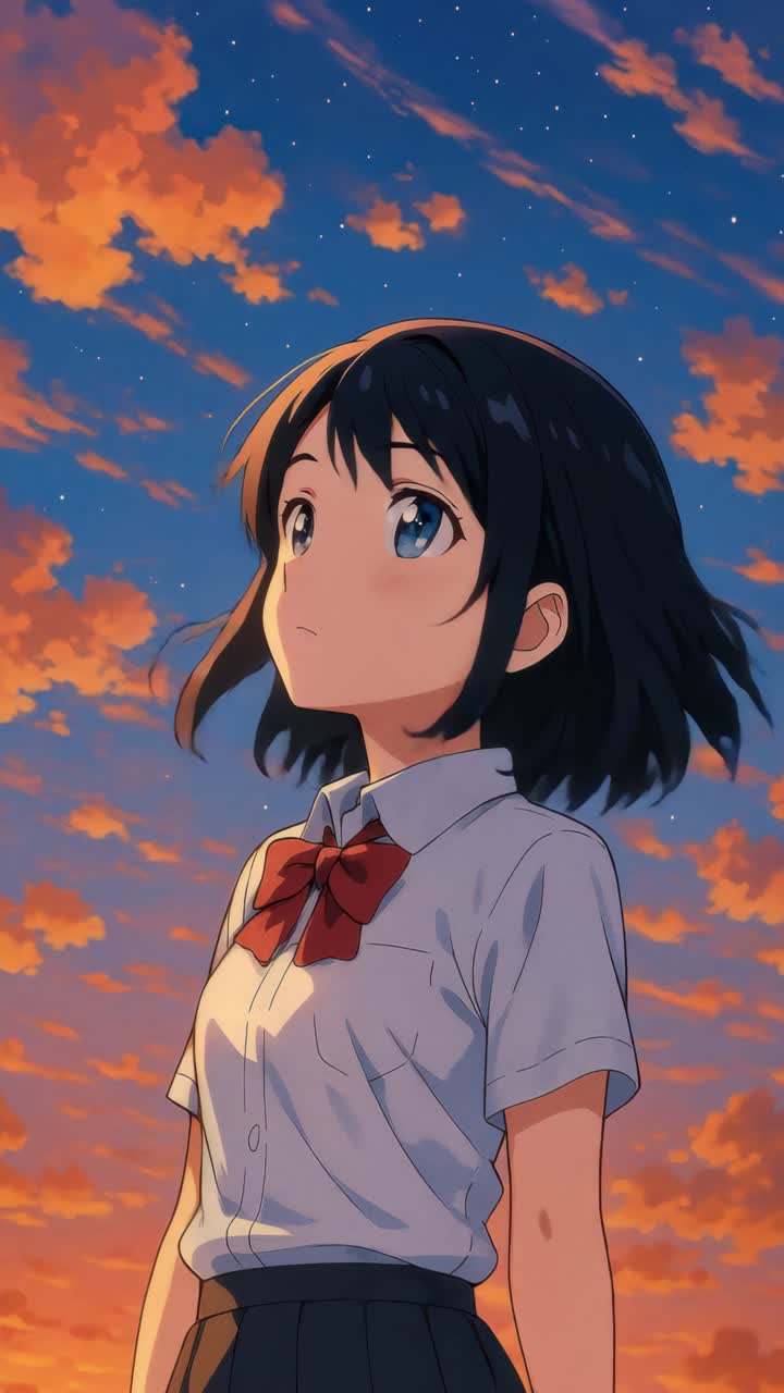 Concept video in stile anime con una ragazza che ammira un cielo vibrante al tramonto