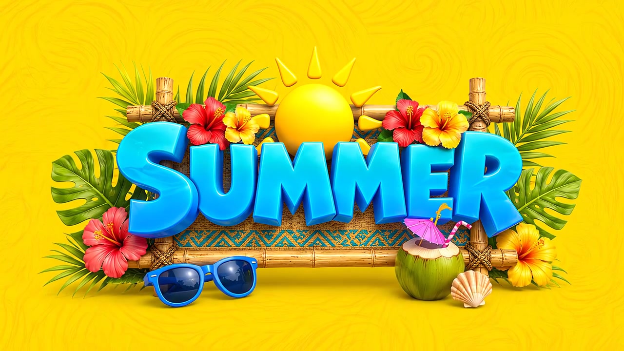Sommerstemning retro tropisk emblem teksteffektbanneranimasjon med solbriller, surfebrett, skjell og stranddekorasjon med solskinn