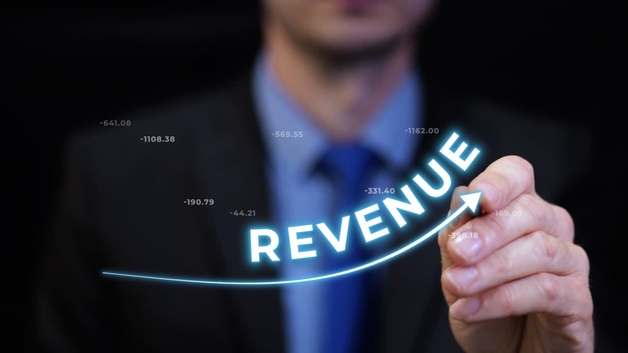 Financial concept with business man showing revenue. Profit, investment and growth in business success and economy wealth