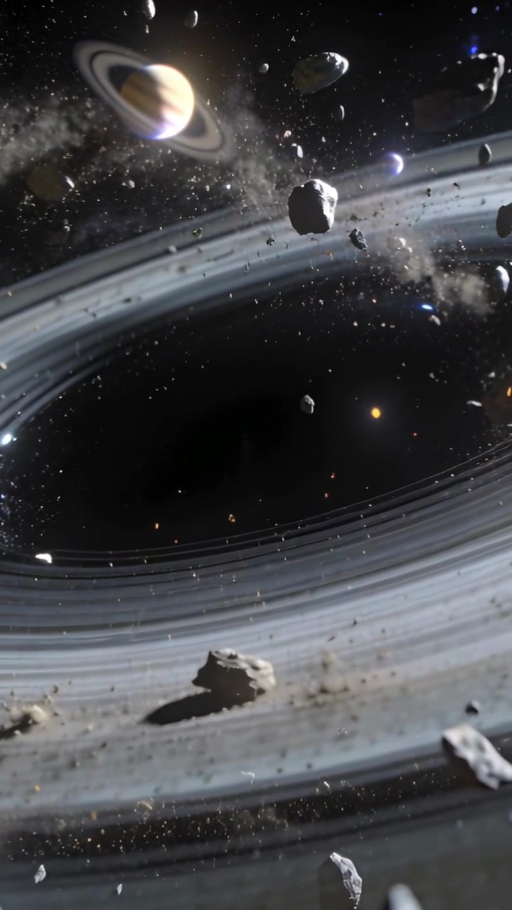 Vertical video: Advancing camera sliding through ring plane revealing ringed giant, studying debris