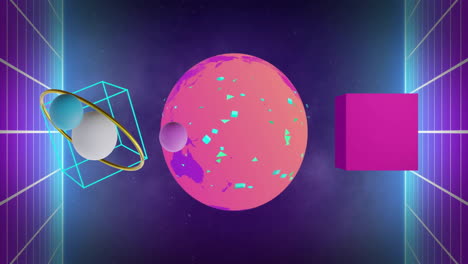 Geometric shapes and planet in space animation with neon colors
