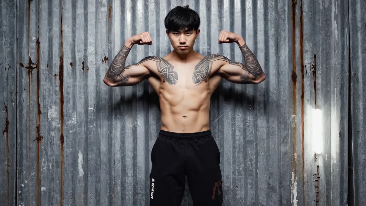 Fit man with tattoos flexing muscles