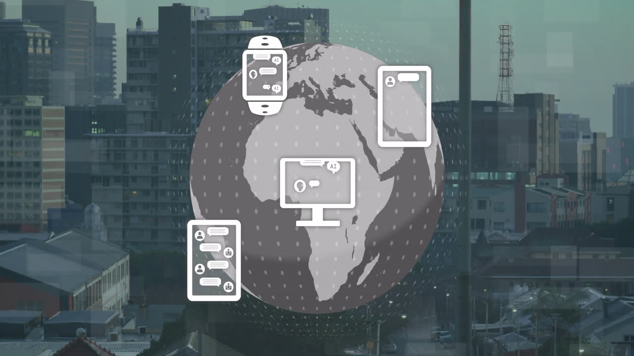 Animating digital communication devices over cityscape background