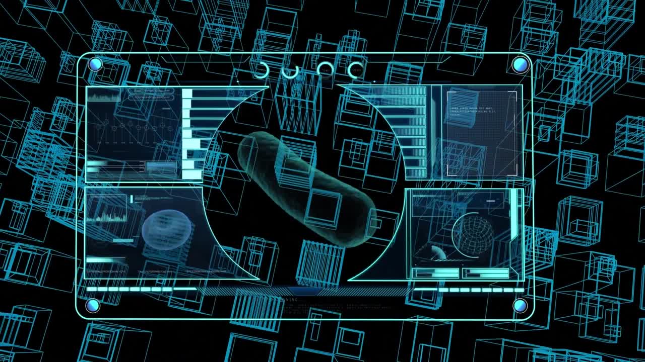 animación del procesamiento de datos sobre la ciudad digital en fondo negro.