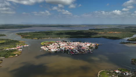 Aerial-view-approaching-the-Mexcaltitan,-Magic-Town,-in-sunny-Nayarit,-Mexico