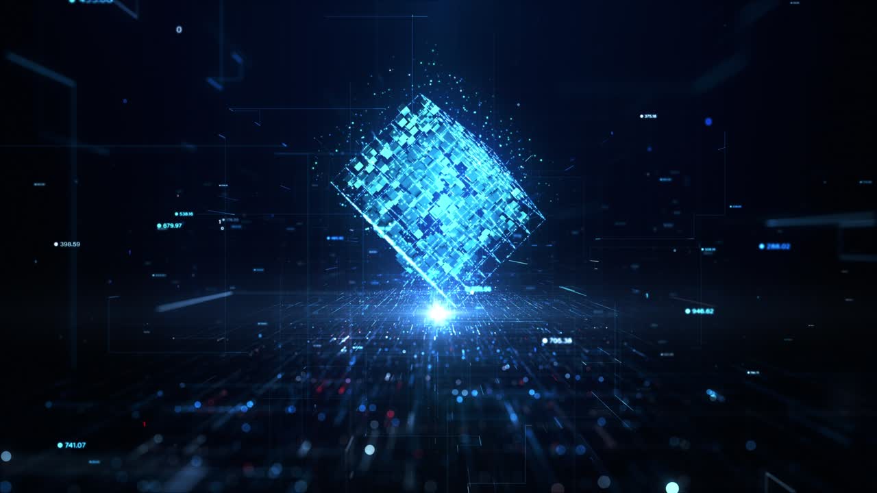 Blue Digital Cube Circle Rotation, Technology and Metaverse, Technology Digital Data Network and Blockchain Connection, Abstract Background