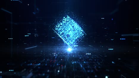 rotación del círculo del cubo digital azul, tecnología y metaverso, tecnología red de datos digitales y conexión blockchain, fondo abstracto