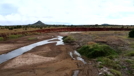 handheld shot from a jeep on a safari as passing by a river, animal footprints all over the sand at the riverbank