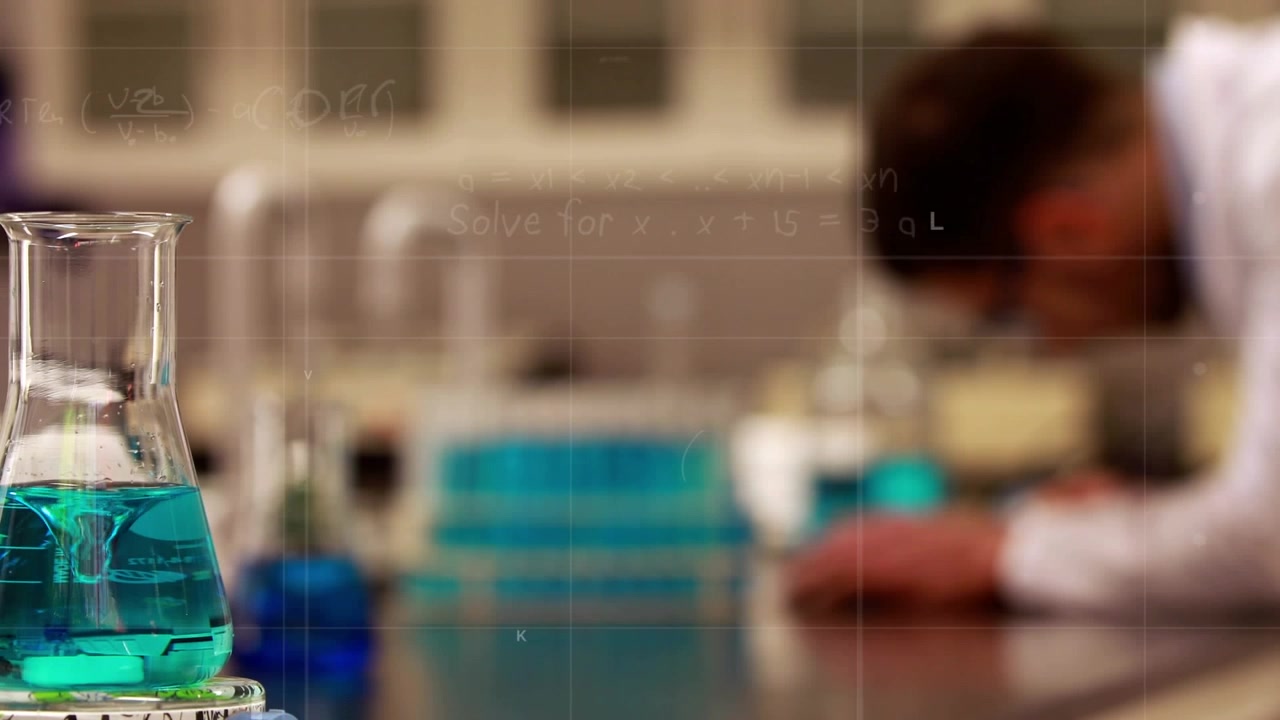 Animation of mathematical equations over beaker with liquid and caucasian male scientist