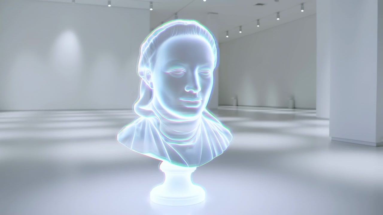 A modern rotating bust sculpture displayed in an elegant interior setting with columns and lighting. The neutral perspective focuses on the sculpture, highlighting its white and blue tones.