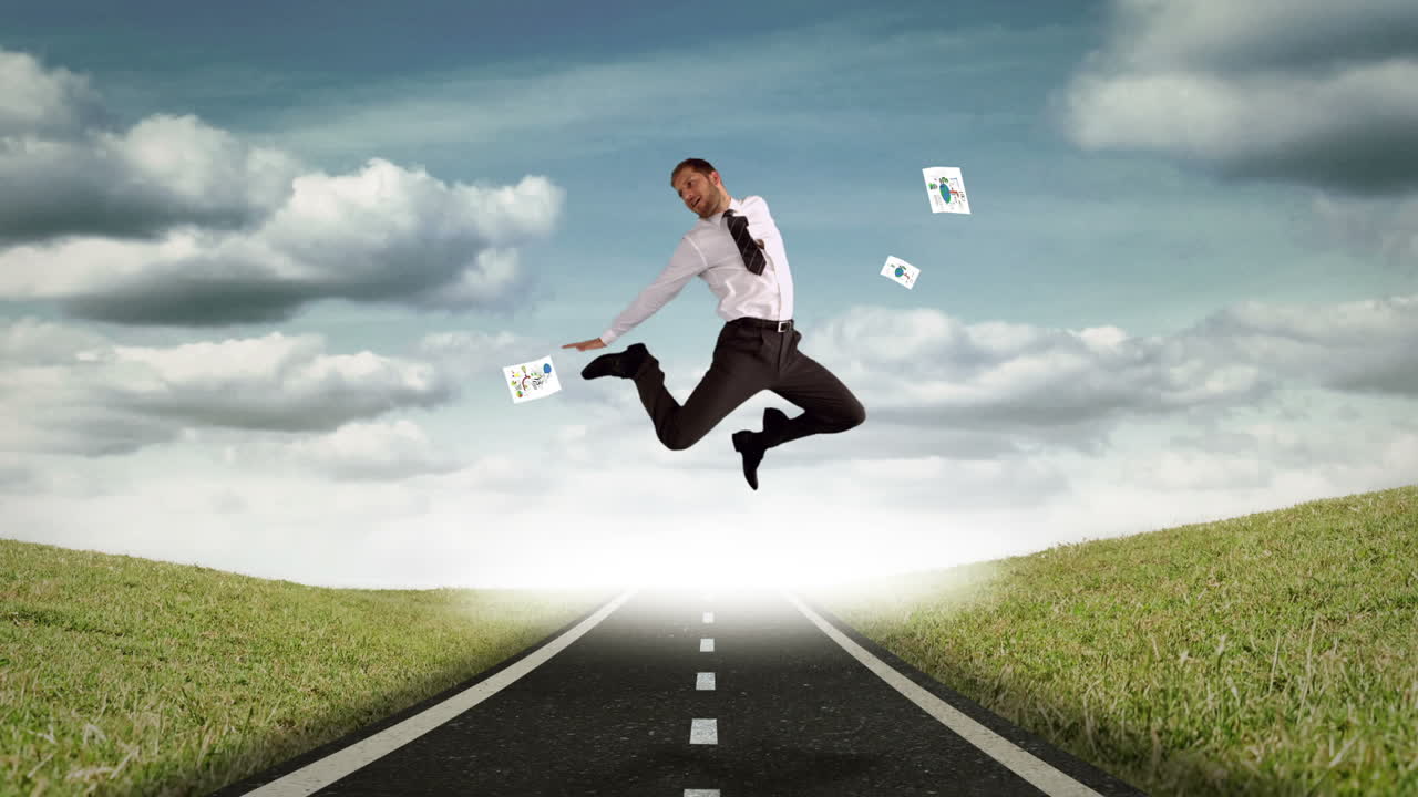 hombre de negocios saltando en el aire delante de sábanas voladoras