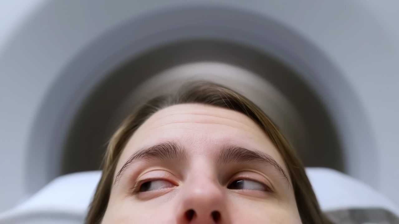 Extreme close-up of patient upper face positioned on pillow inside circular diagnostic scanner bore, showing forehead, eyebrow hairs, partial eyelids and bridge of nose with nostrils visible, subtle