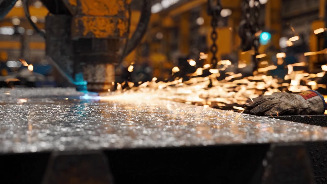 Fabbricazione industriale di metalli con produzione di scintille utilizzando una macchina CNC su lamiera d'acciaio in un impianto di produzione ad alta tecnologia che consente processi di ingegneria di precisione.
