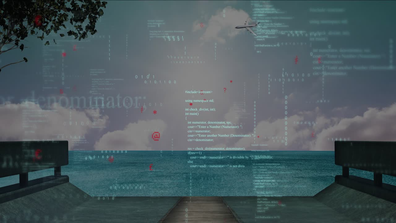 Shot revealing wooden pier starting code layer drifting as plane gliding above showing data view