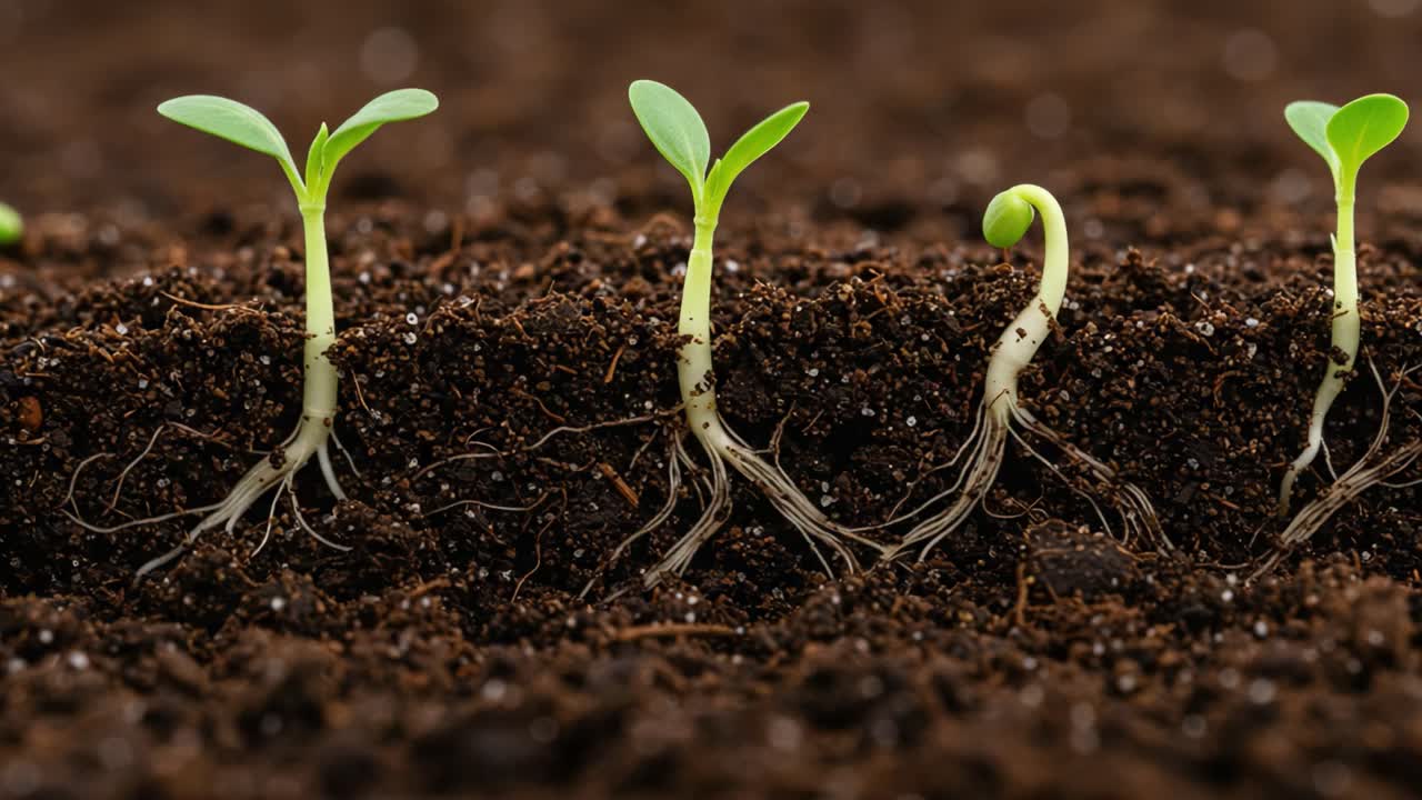 Observing the Growth Stages of Germinating Seeds: A Close-Up View of Sprouts Emerging from Rich Soil, Highlighting Life's Journey from Seed to Seedling