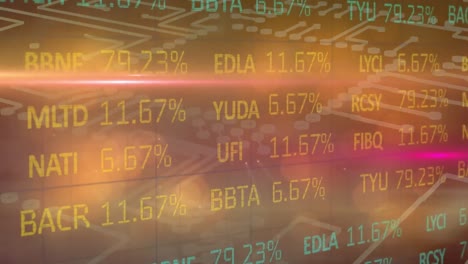 Animation-of-financial-data-processing-over-computer-circuit-board-elements