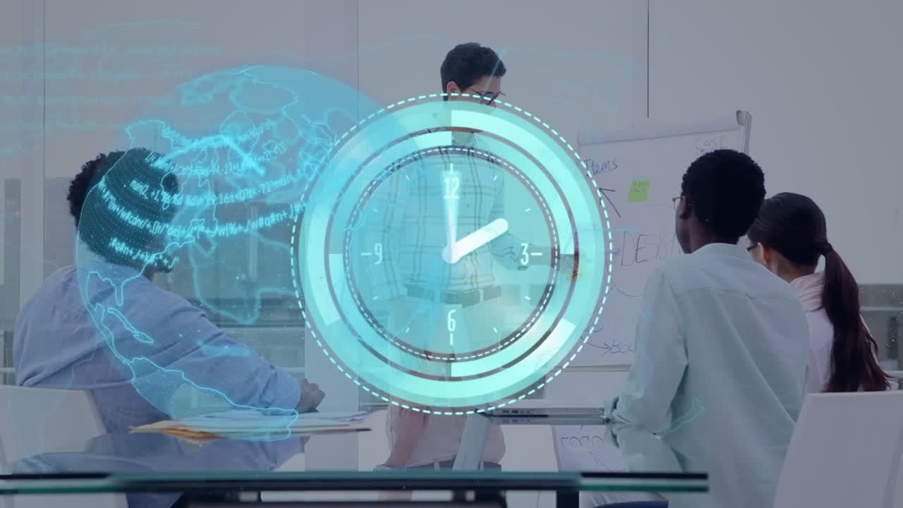 사무실의 다양한 동료에 대한 시계 처리 데이터를 가진 글로벌 네트워크와 스캐너의 애니메이션