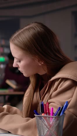 vertical video young student focusing on highlighting important ideas and information