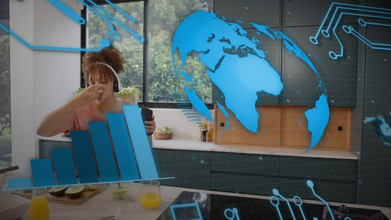 Woman entering kitchen wearing buds using phone listening and dancing while tech charts syncing