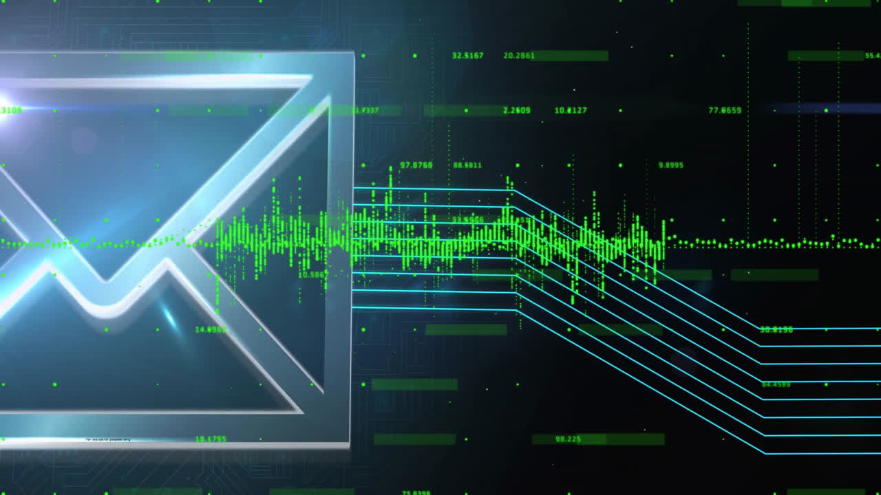 Digital envelope icon with green data streams and binary coding animation