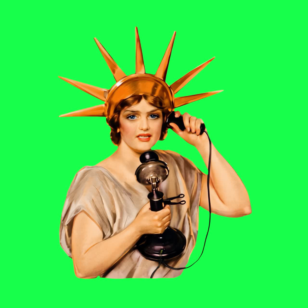 Vintage telefonopkaldsanimation med frihedsmotiv, transparent 4K video, greenscreen.