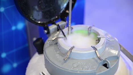 steam and gases of liquid nitrogen come from an open pressure vessel, blue background, chemical applications, zoom in