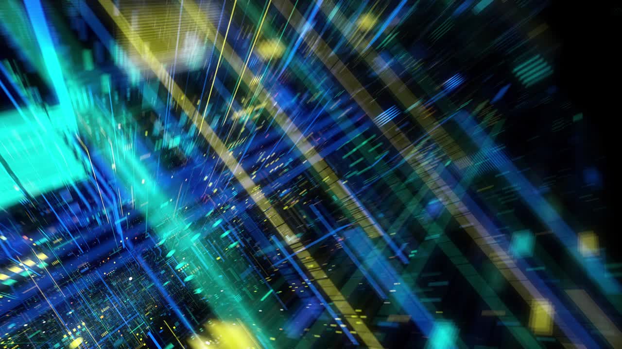 Flying through technological abstract matrix hologram digital data.
