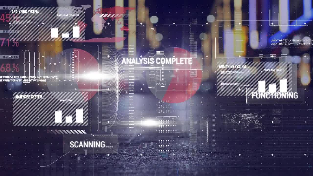 야간 도로 교통에서 디지털 화면에서 데이터 처리의 애니메이션