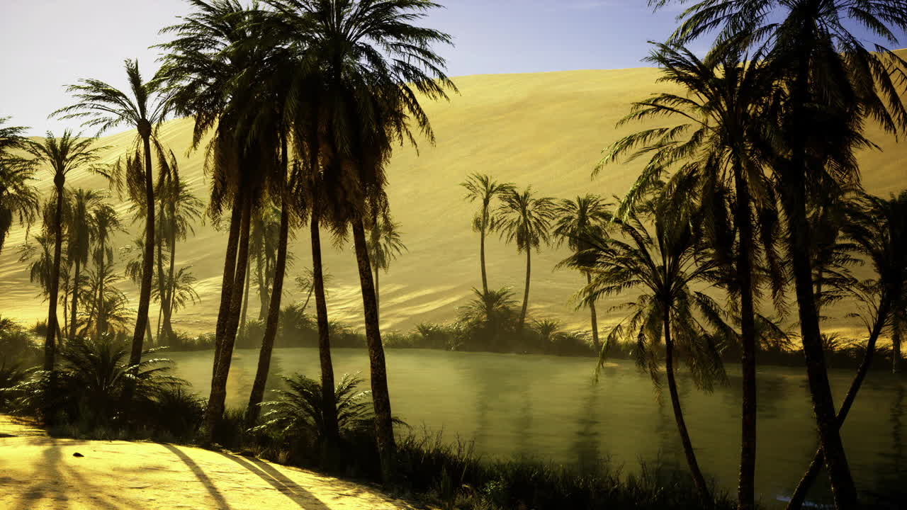 Sunny desert oasis surrounded by lush palm fronds and tranquil waters
