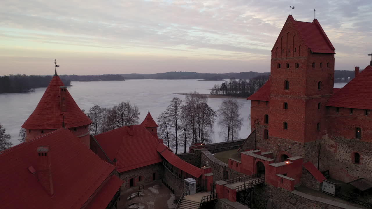 AERIAL: Fying Over Red Bricks Trakai Castle Courtyard