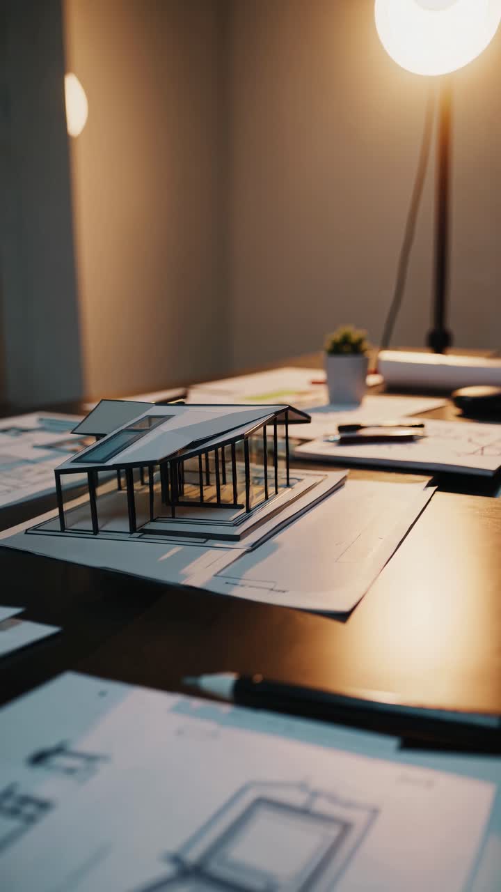 Low-angle shot of a modern architectural model on a desk with blueprints, lit by a warm lamp