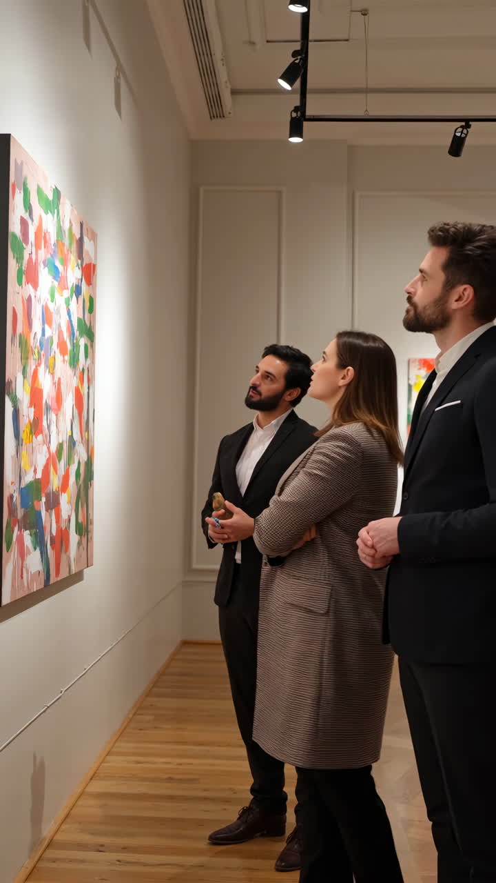 Three people admiring an abstract painting in an art gallery