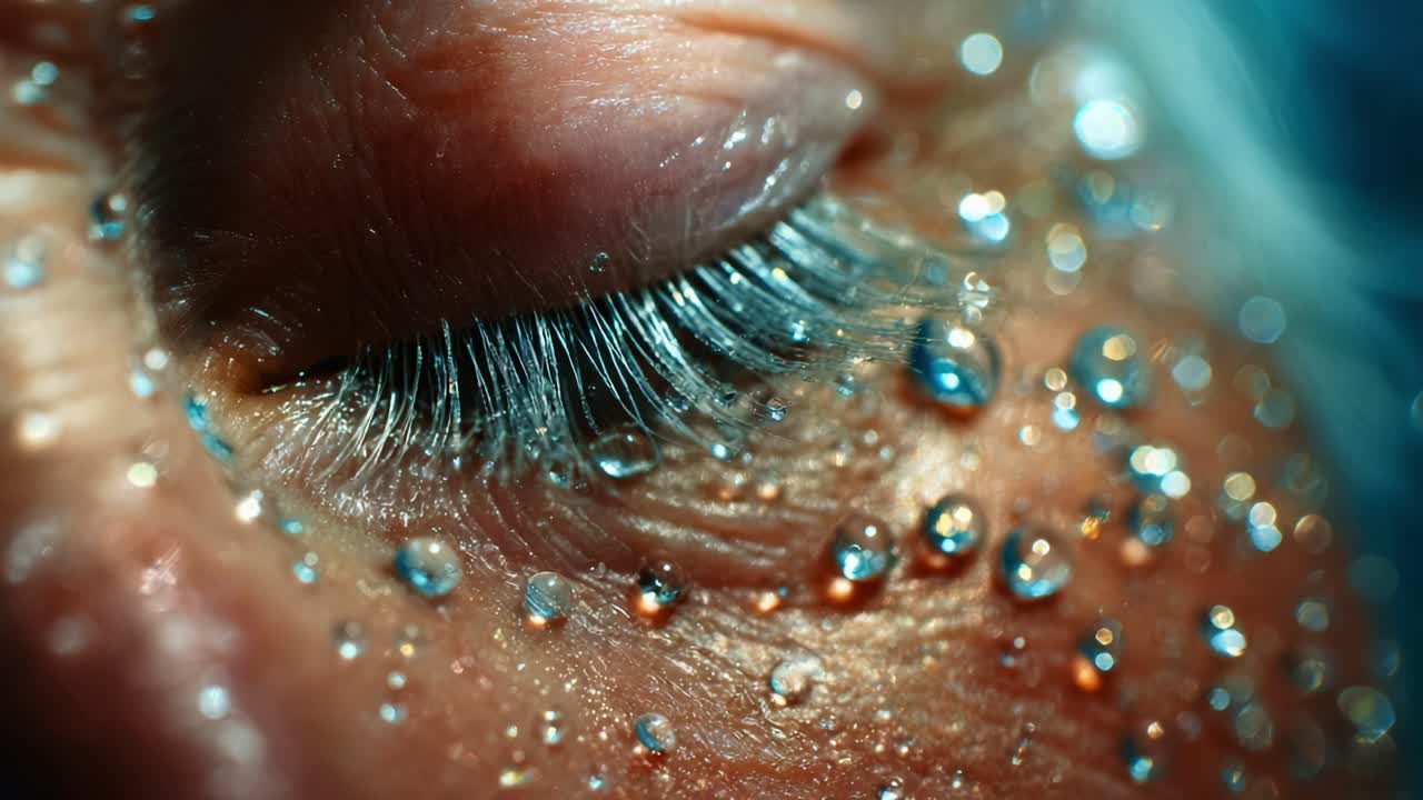 Close-up of an Eye with Water Droplets: A Stunning Macro Shot Capturing the Beauty of Moisture and Detail on Lashes and Skin, Illustrating the Nature's Elegance and Texture