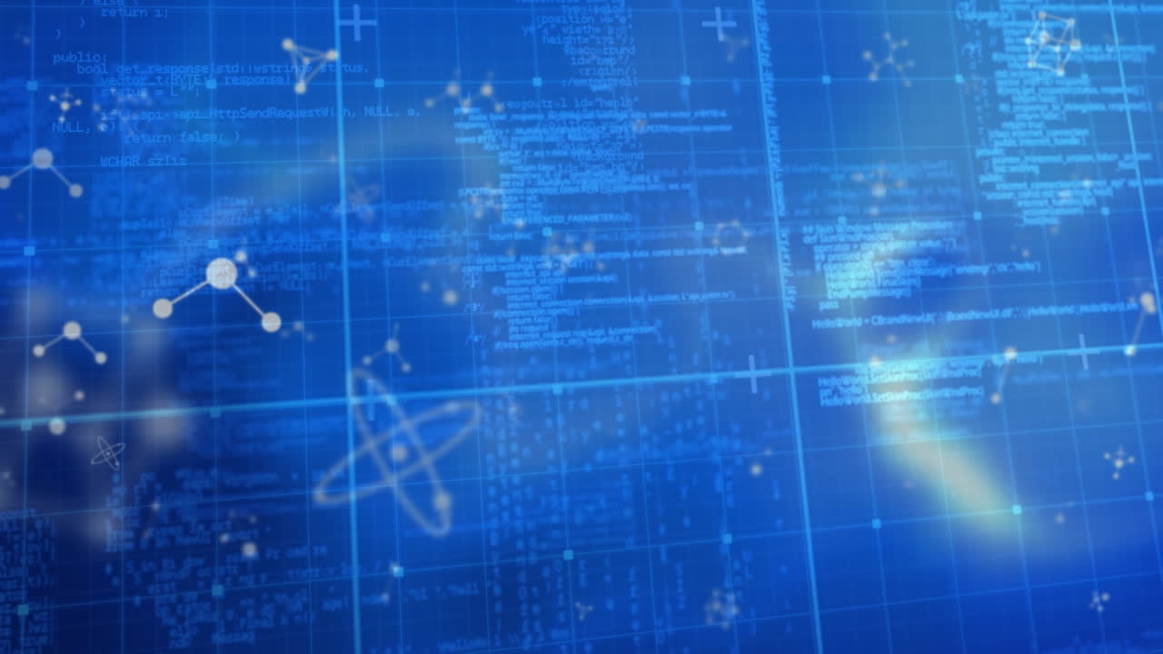 Animation of molecules over data processing on blue background