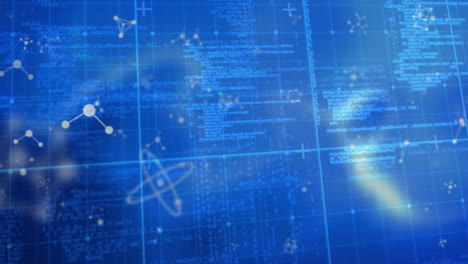 animación de moléculas sobre el procesamiento de datos en fondo azul