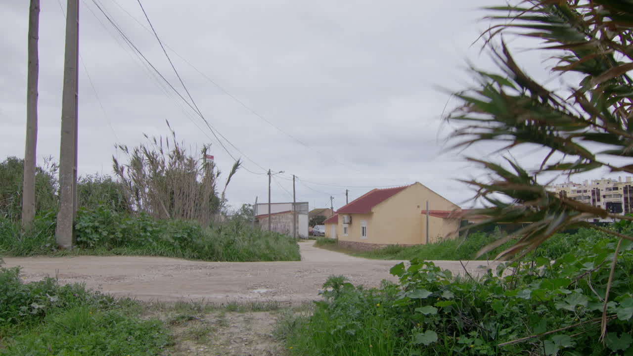 Static shot of a house by a road surrounded by fields.
