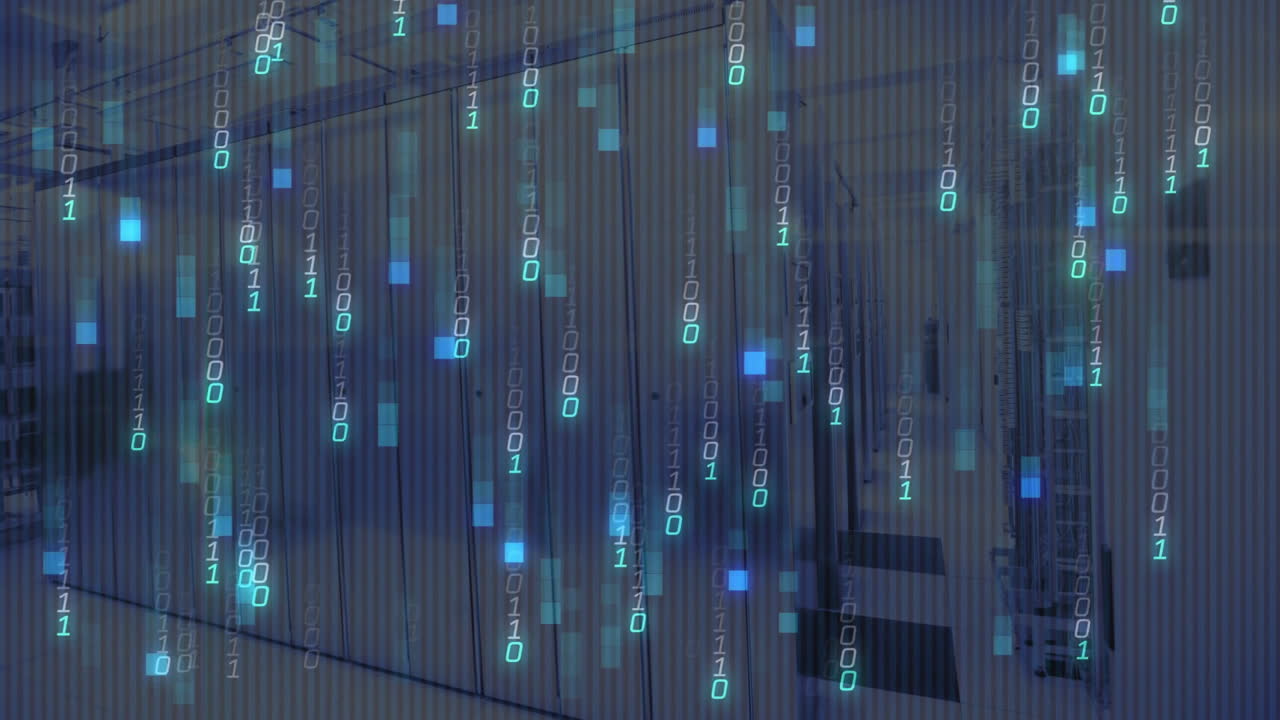 animación del procesamiento de datos digitales y codificación binaria a través de servidores informáticos