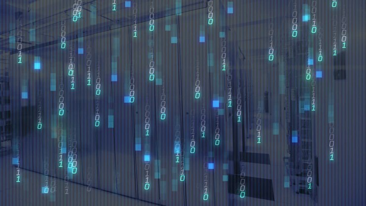 Animation of digital data processing and binary coding over computer servers
